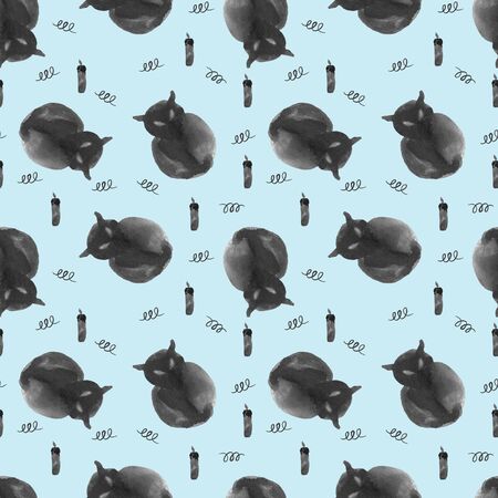 Seamless pattern of black silhouettes of owls and candles on light blue background. Hand-drawn watercolor backgroundの写真素材
