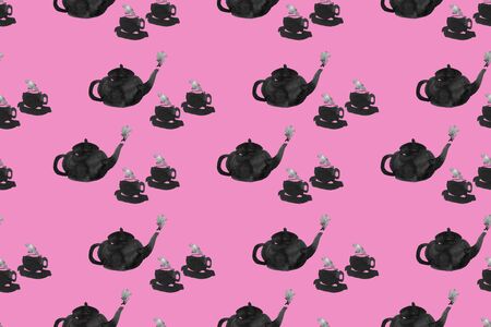 Hand-drawn seamless pattern: ink black teapots and cups with steam on a pink backgroundの写真素材