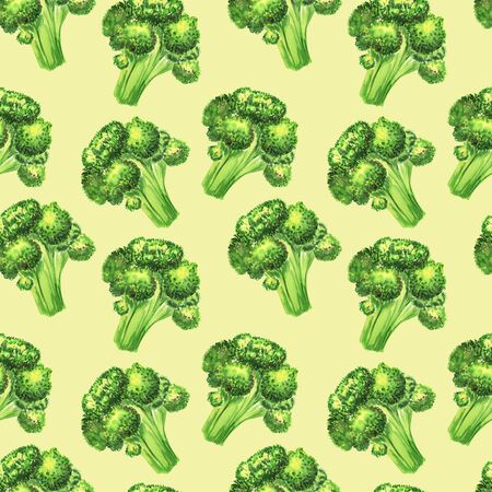 Seamless watercolor pattern with broccoli. Vegetable background with bright realistic broccoli. Perfect for menu, textile design and decorationの写真素材