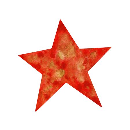 Watercolor red and gold star. Bright glitter star hand drawn illustration on white background isolated. Christmas decoration and design elementの写真素材