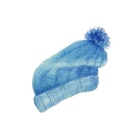 Knitted winter hat. Watercolor textured illustration of blue cap with colored pencils. Romantic christmas clothingの写真素材
