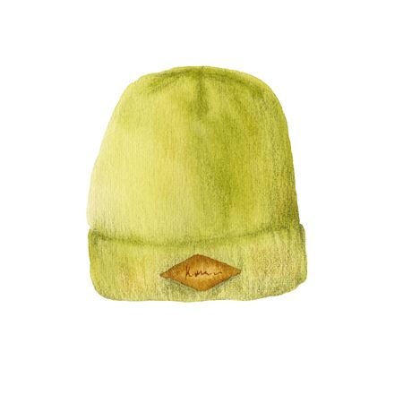 Knitted green winter hat. Watercolor illustration of cute cap with colored pencils. Warm christmas clothingの写真素材