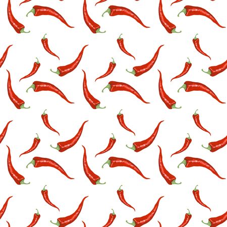Watercolor seamless pattern with red hot chili peppers. Vegetable vegetarian and vegan spicy realistic background, healthy eating. Perfect for kitchen decoration, textile and otherの写真素材