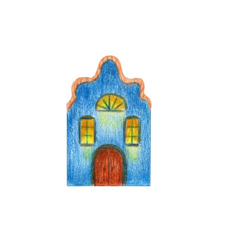 Fairytale colored blue house with a pink roof in medieval old European style. Multicolored hand drawn with colored pencils illustration on a white background isolatedの写真素材