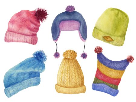 Set of knitted multi-colored winter hats. Watercolor illustration of cute caps with colored pencils. Romantic christmas clothingの写真素材