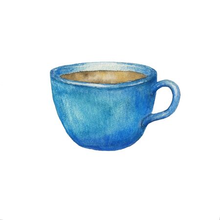 Blue cup of coffee. Hand-drawn watercolor illustration. Hot drinkの写真素材