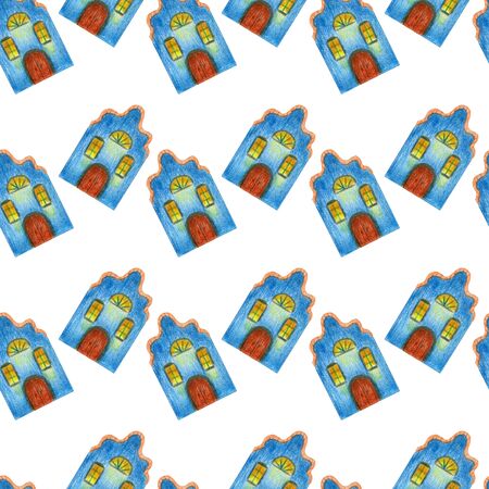 Seamless pattern of fairytale colored blue houses in medieval old European style. Multicolored hand drawn with colored pencils illustrationの写真素材