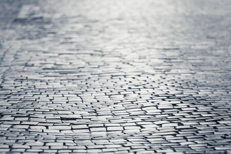 Cobbled European street. Paving with blurred background. Cobblestones in the sunlight.