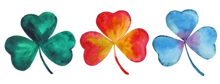 Set of multi-colored clovers. Emerald, blue and red shamrocks illustration. Hand-drawn watercolor painting. Decorative elements for St. Patrick's Day, ecological, organic, floral designの写真素材