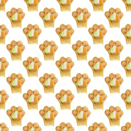 Seamless pattern with cat's foot with irish flag pad. Hand-drawn watercolor background. Humorous cat for St. Patrick's Day. Perfect for irish national design, textile, wrapping paper, surface, cardsの写真素材