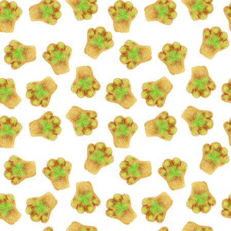 Seamless pattern with cat's foot with a green shamrock pad. Hand-drawn watercolor background. Funny cat for St. Patrick's Day. Perfect for irish national design, textile, wrapping paper, surfaceの写真素材