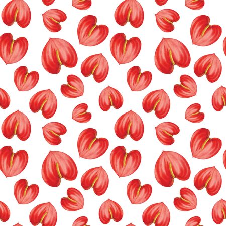 Red anthurium flower seamless pattern. Watercolor realistic botanical illustration of tropical plant. Floral exotic backgroundの写真素材