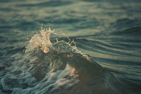 Splashing sea wave. Blue wave curls and drops of water. Tropical ocean beach sunset background. Sunny seascape. Splash of water in the rays of the sunの写真素材