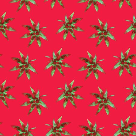 Leaves seamless pattern. Bright red badckground. Watercolor hand-drawn green and red leaves illustration.の写真素材