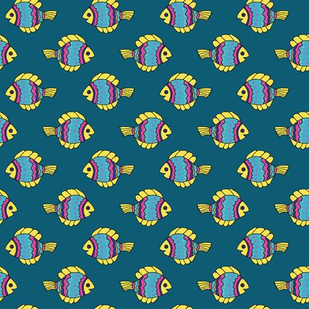 Seamless pattern with cute fishes. Vector hand-drawn illustration. Bright ornamental fish in doodle style. Sea aquatic life. Background for textile, paper, baby and kid clothes, wallpaperのイラスト素材