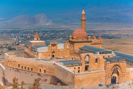 Dogubayazit, Turkey, 08.25.2014: The view of Ishak Pasha Palace and Dogubayazit city. Beautiful...