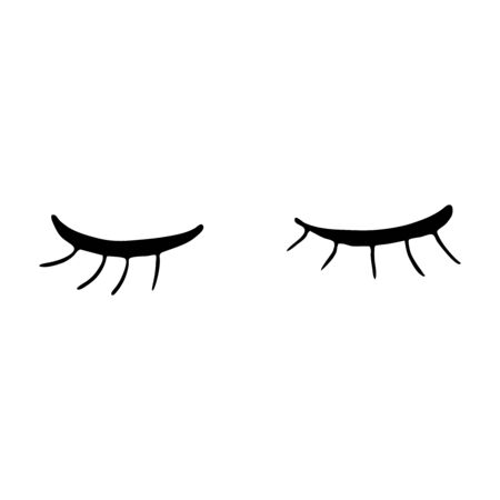 Closed eyes with long eyelashes. Cute contour outline vector illustration. Beauty product. Silhouette of female eyelashes. Eyelash extensionsのイラスト素材