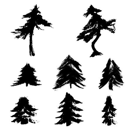 Set of fir trees silhouettes. Scenic textured spruces. Hand drawn illustration. Evergreen forest. Grunge tree stamps. Decorative elements for ecology, environment, Christmas designのイラスト素材