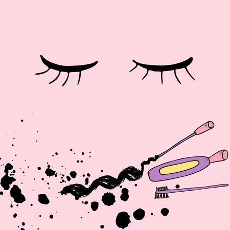 Mascara and closed eyes. Black brush strokes and swatches. Beauty product. Cute vector illustration. Silhouette of female eyelashes. Eyelash extensions. Beauty and cosmetic backgroundのイラスト素材