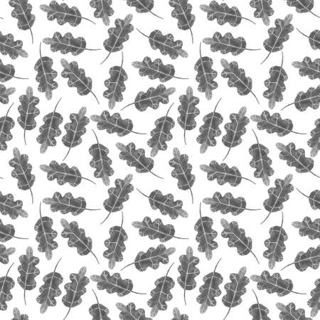 Seamless pattern with oak leaves. Watercolor ink gray stylish botanical background. Monochrome veined leaf silhouette. Graphic autumn backgroundの写真素材