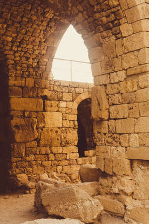 Byblos Crusader Castle, Lebanon. Stone and limestone walls, arches, close-up view of the fortressの写真素材
