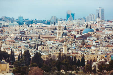 Jerusalem, Israel, 01.01.2018: Panoramic view of Jerusalem. The Church of the Holy Sepulchre,...