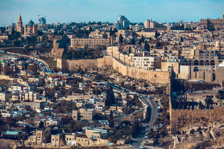 Jerusalem, Israel, 01.03.2018: Panoramic view of Jerusalem and The Temple Mount. The Al Aqsa Mosque,...
