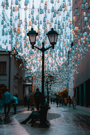Moscow, Russia,10.03.2020: Pedestrians on the Stoleshnikov lane. Moscow street lightsのeditorial素材
