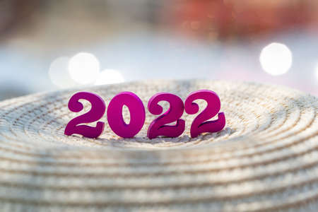 2022 new year concept. Multicolored text inscription in the sun light. Wooden figures on the beach. Christmas background.の写真素材