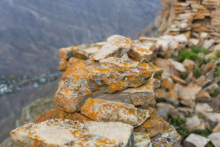 Ancient stones covered with lichen. Orange lichen on rocks.の写真素材