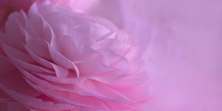 Wide banner with delicate pink macro petals. Beautiful soft tender background of rose ranunculus flower petals close up. Wallpapper for wedding, anniversary, bithday designの写真素材