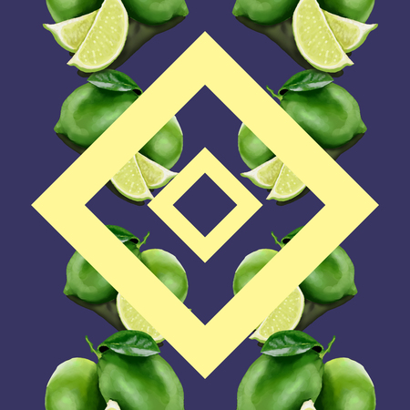 Lime with green leaves, a slice of citrus. Tropical fruits. Raw and vegetarian food. Seamless pattern illustrationの写真素材