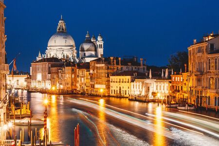 Grand Canal at night, Basilica Santa Maria della Salute, Venice, Italy.の写真素材