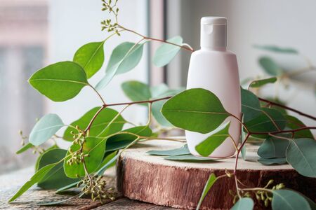 Cosmetic bottle with green leaves of eucalyptus, Blank label mock-up.の写真素材