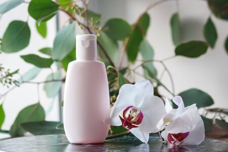 Cosmetic bottle with green leaves of eucalyptus and orchids. Blank label mock-up.