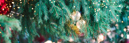 Decorated Christmas tree with balls and lights.の写真素材