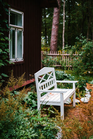 Autumn background in village. White bench in a garden.