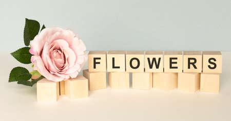 Flowers text on a wooden cubes and flowersの写真素材