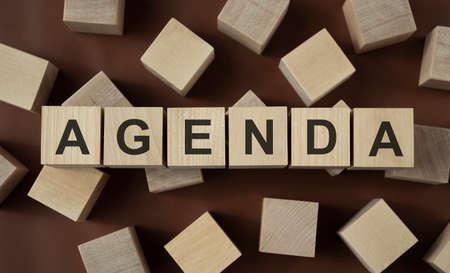 Agenda - words from wooden blocks with letters, a list of matters agenda concept, white backgroundの写真素材