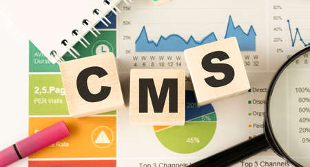Acronym CMS - content management system. Wooden small cubes with letters isolated on white background with copy space available. Business Concept image.の写真素材
