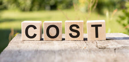 Cost, expense or company profit and loss concept, cube wooden block with alphabet combine word COST on white grid paper, analyze spending or payment.の写真素材