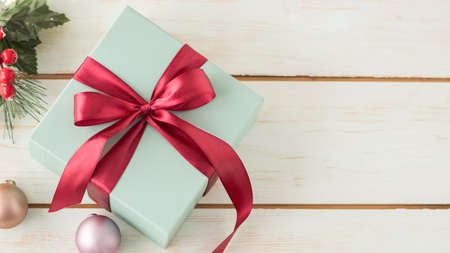 Top view two gift boxes on a blue wooden background in vintage style with copy spaceの写真素材