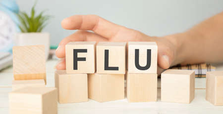 The word FLU, which is made from wooden cubes on a white background.の写真素材