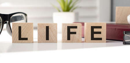 Woman holding a wooden cube whit the inscription: Life, with pink tulips on the white background. Safe life. Protection of life. Safe family. Pro life. Copy space.の写真素材