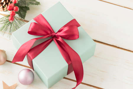 Top view two gift boxes on a blue wooden background in vintage style with copy spaceの写真素材