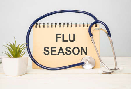 Flu Season written on a paper on table, top viewの写真素材