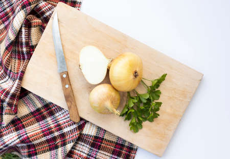 Set with fresh onions on white backgroundの写真素材
