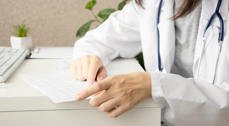 Medicine doctor's working on desk. Closeup of Stethoscope. Physician man video call raise hands explain patient understand on table front computer monitor at hospital office, Healthcare medic conceptの写真素材