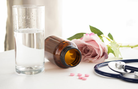 Different means of contraception on bedside tableの写真素材