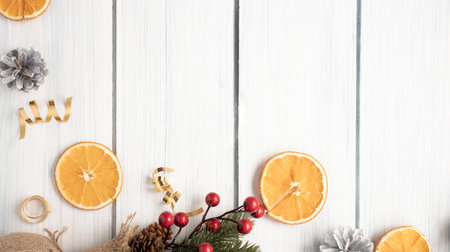Christmas decoration frame on wooden background, Christmas compositionの写真素材